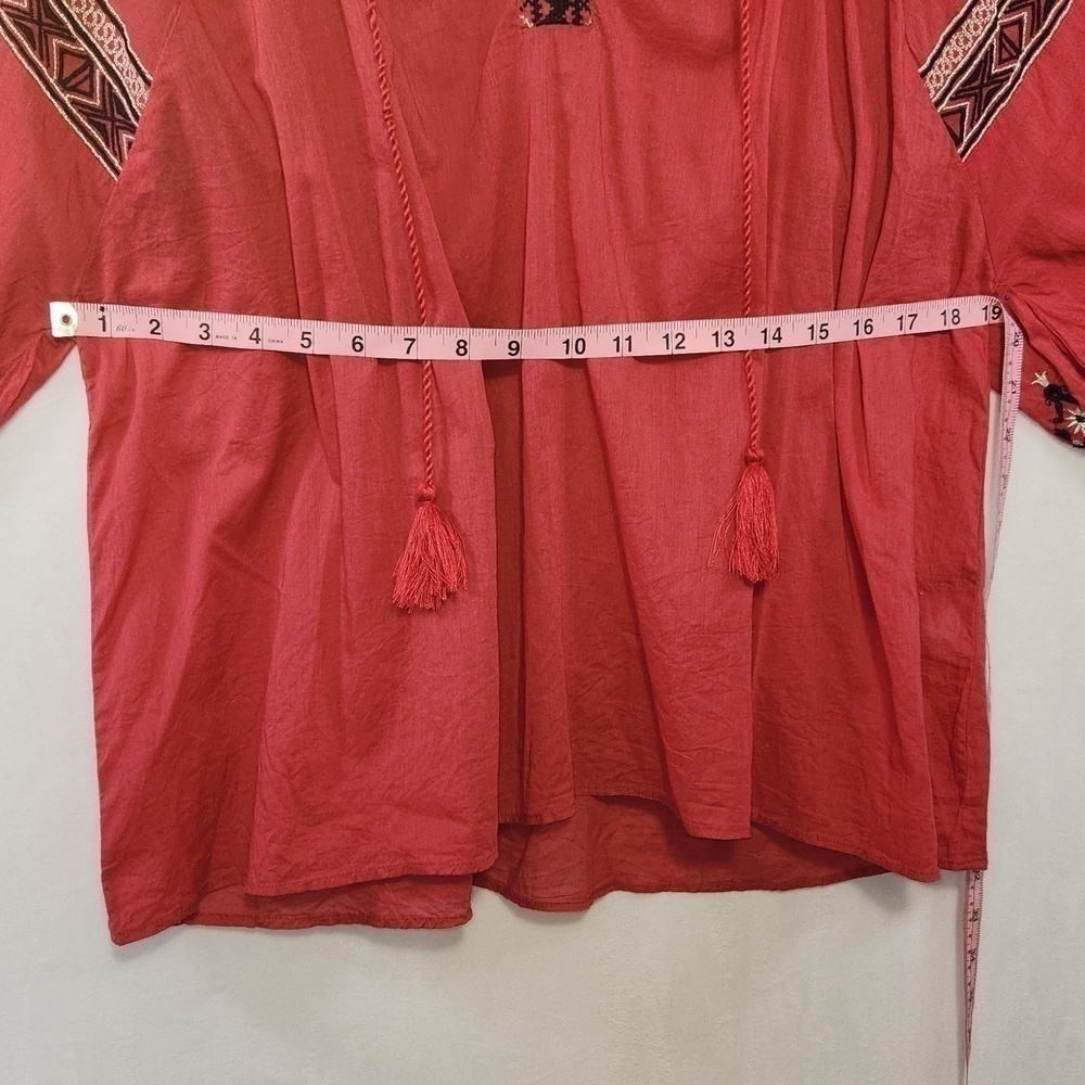 Alicia Pageboy M Red Aztec/Tribal Embroidered V-Neck Tassle Tie Front Boho Top - Picture 12 of 14